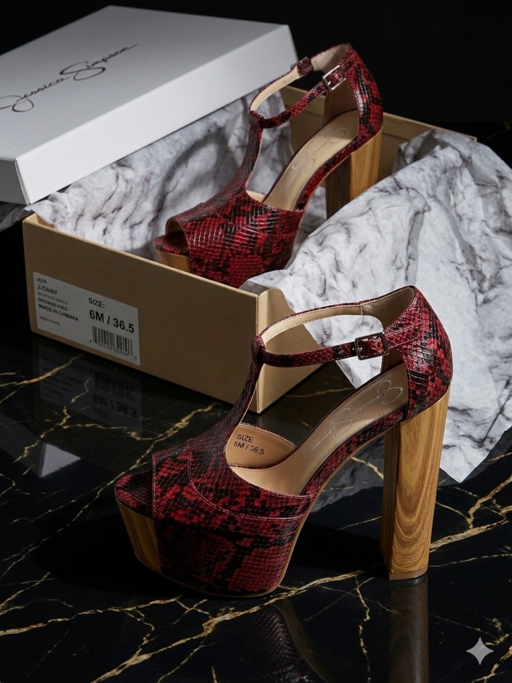 Jessica Simpson Women's Red Snake Print Leather Platform T-Strap Heels US 6 M